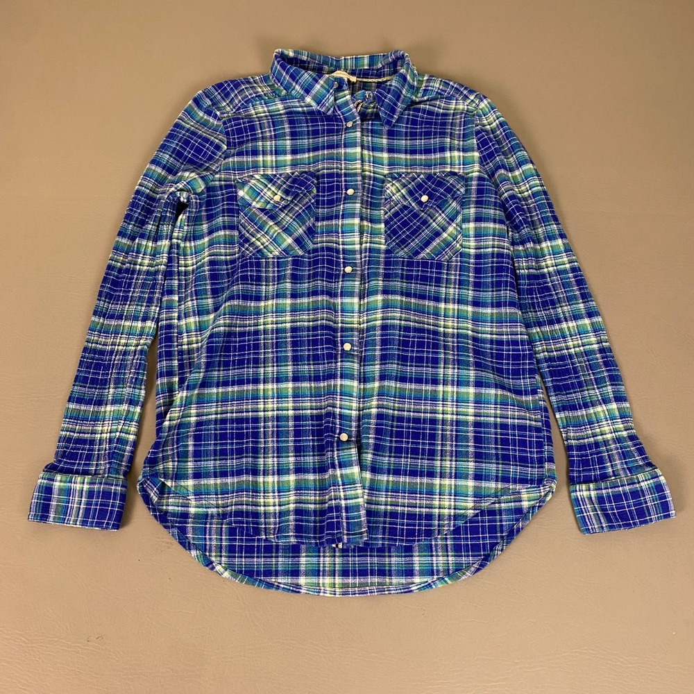 Sundance Pearl Snap Shirt Women's Size Small Blue Green Plaid Cotton Western
